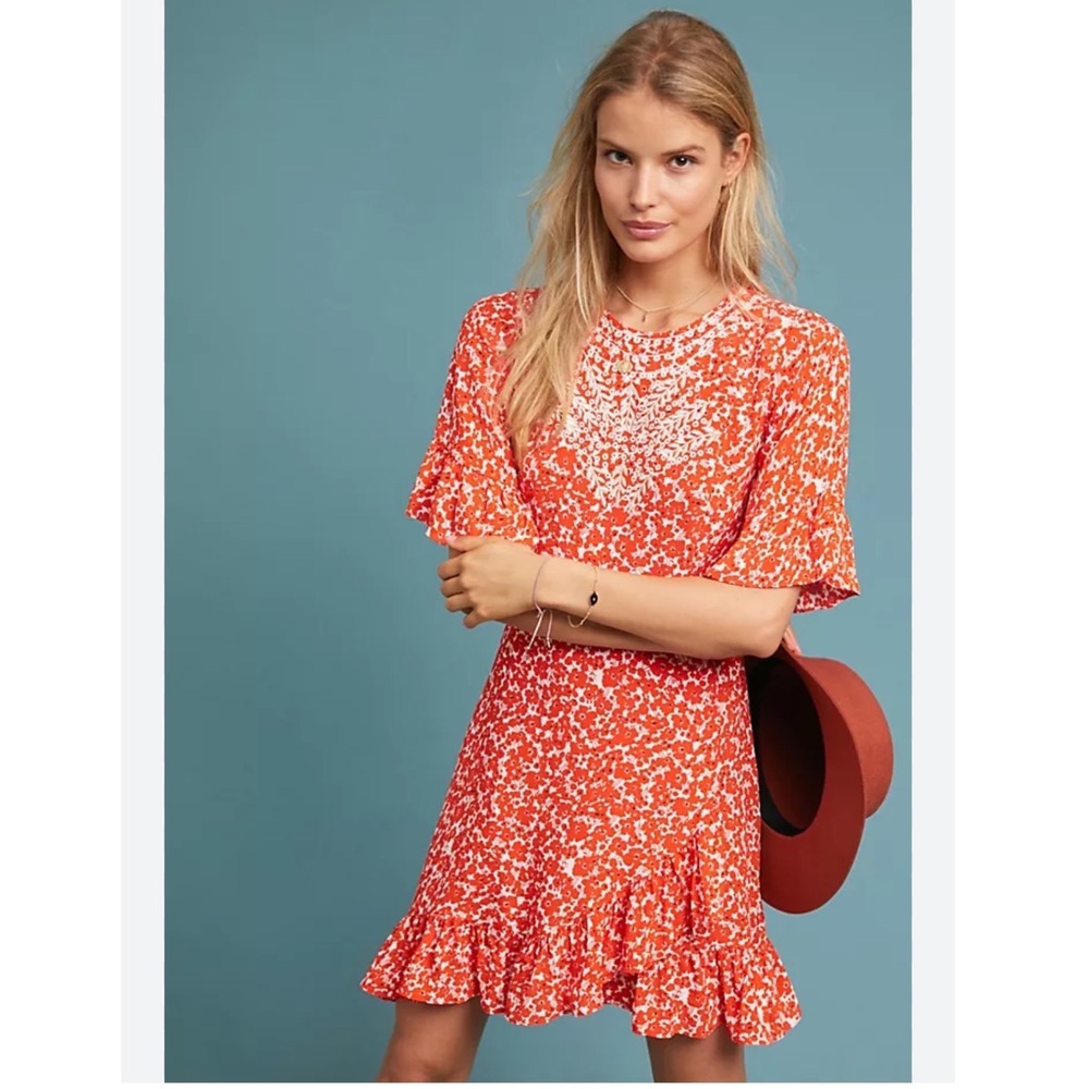 Rare Ranna Gill Anthropologie Midtown Embroidered Floral Eyelet Mini Dress Small